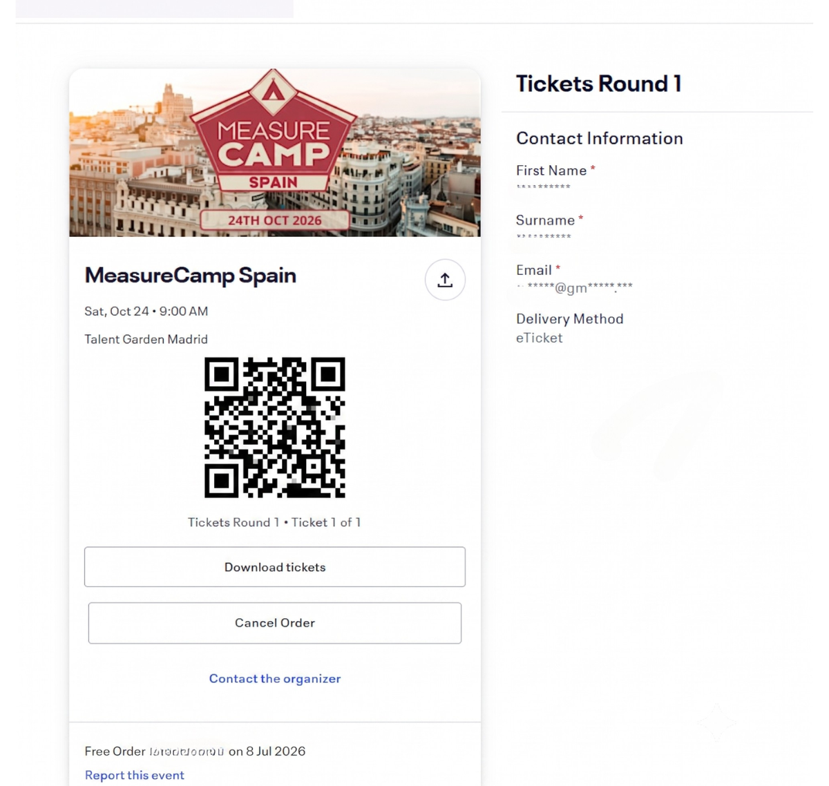 Ejemplo de entrada de Eventbrite para el primer lote de MeasureCamp Spain - Madrid 2026