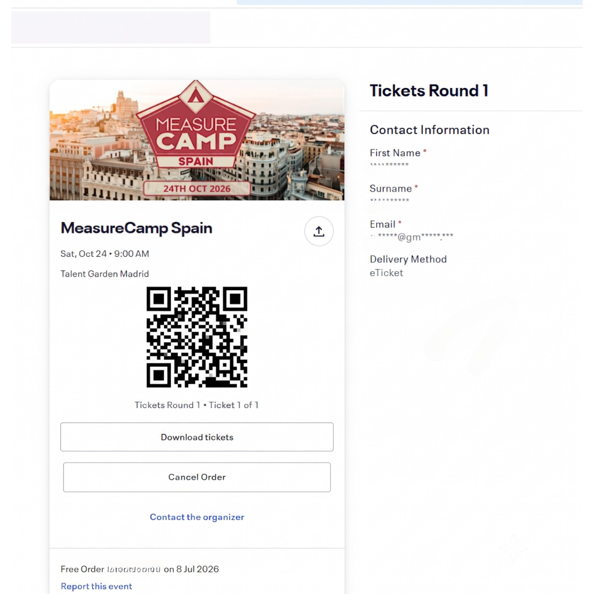 MeasureCamp Spain - Madrid 2026 Eventbrite ticket sample for the first ticket batch.
