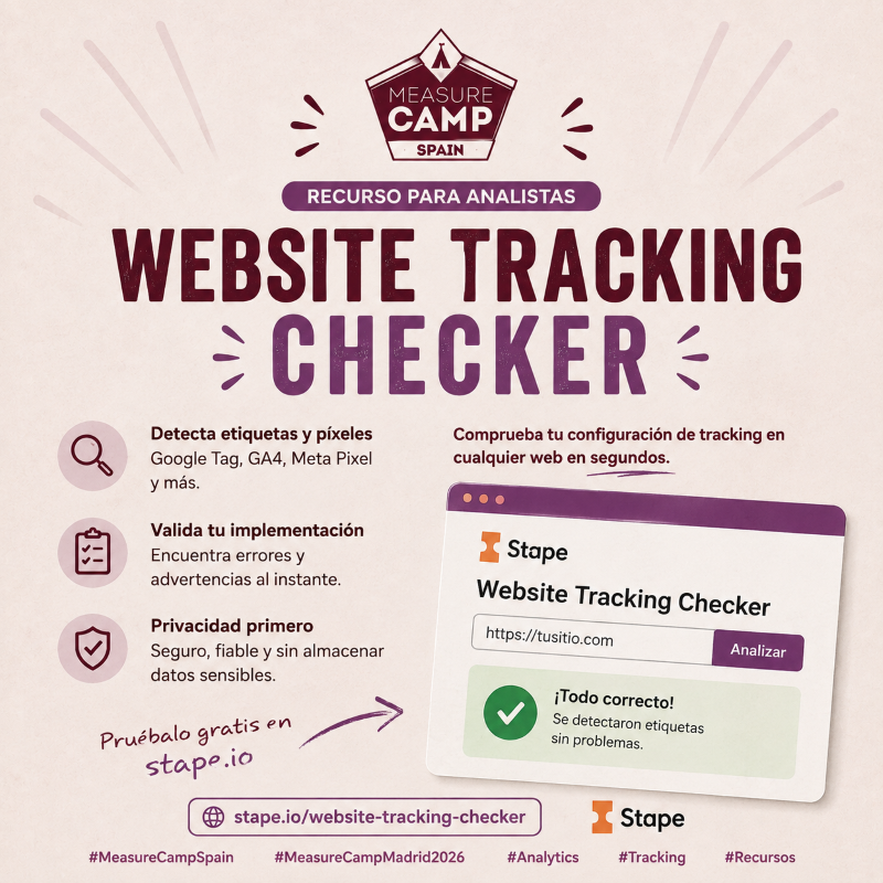 Stape Website Tracking Checker para revisar la salud del tracking en GA4, GTM y server-side tracking, destacado por MeasureCamp Spain Madrid 2026