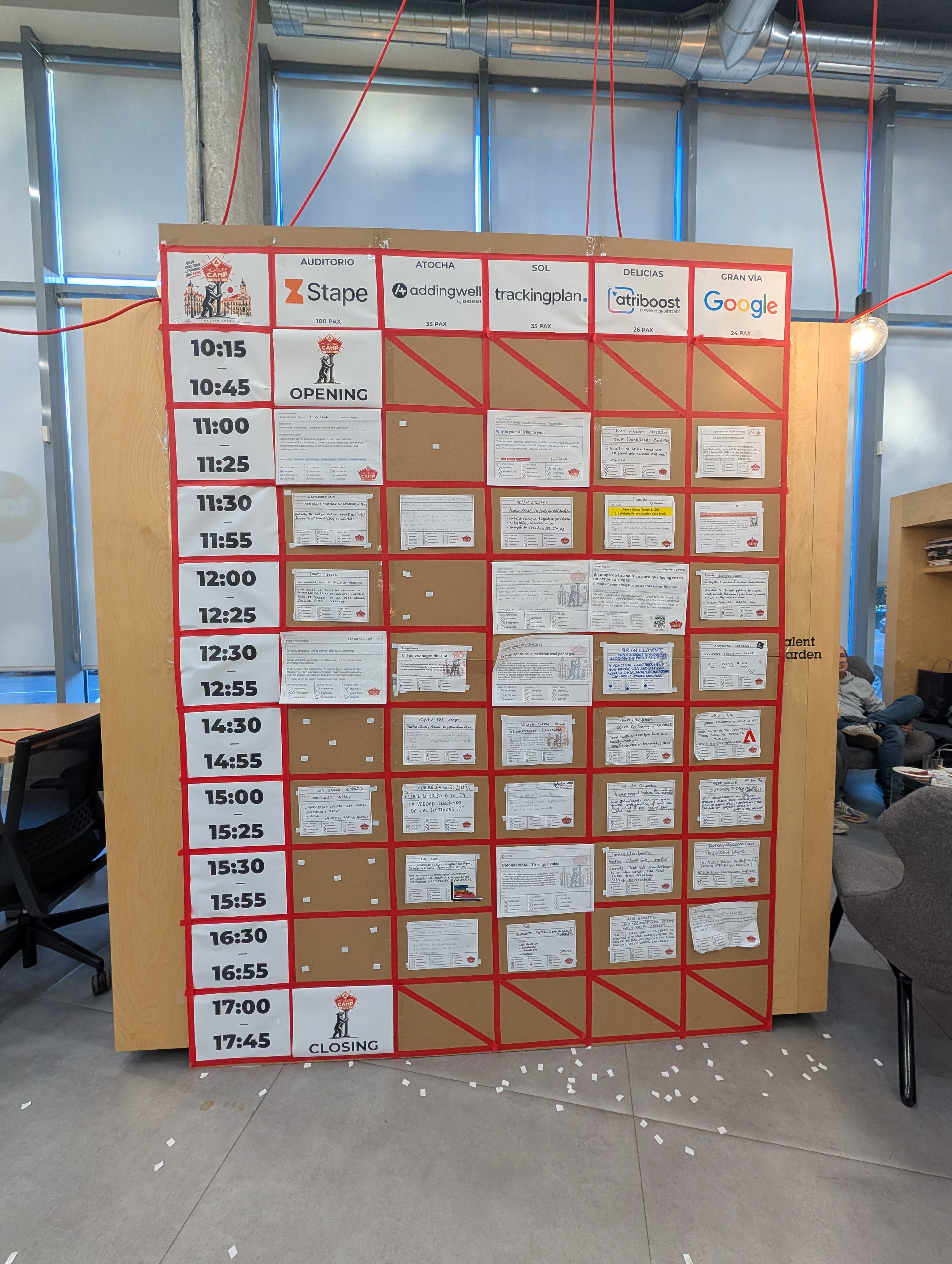 MeasureCamp Spain Madrid 2026 Session Board displaying attendee-proposed sessions on AI, digital analytics, tracking and data privacy.