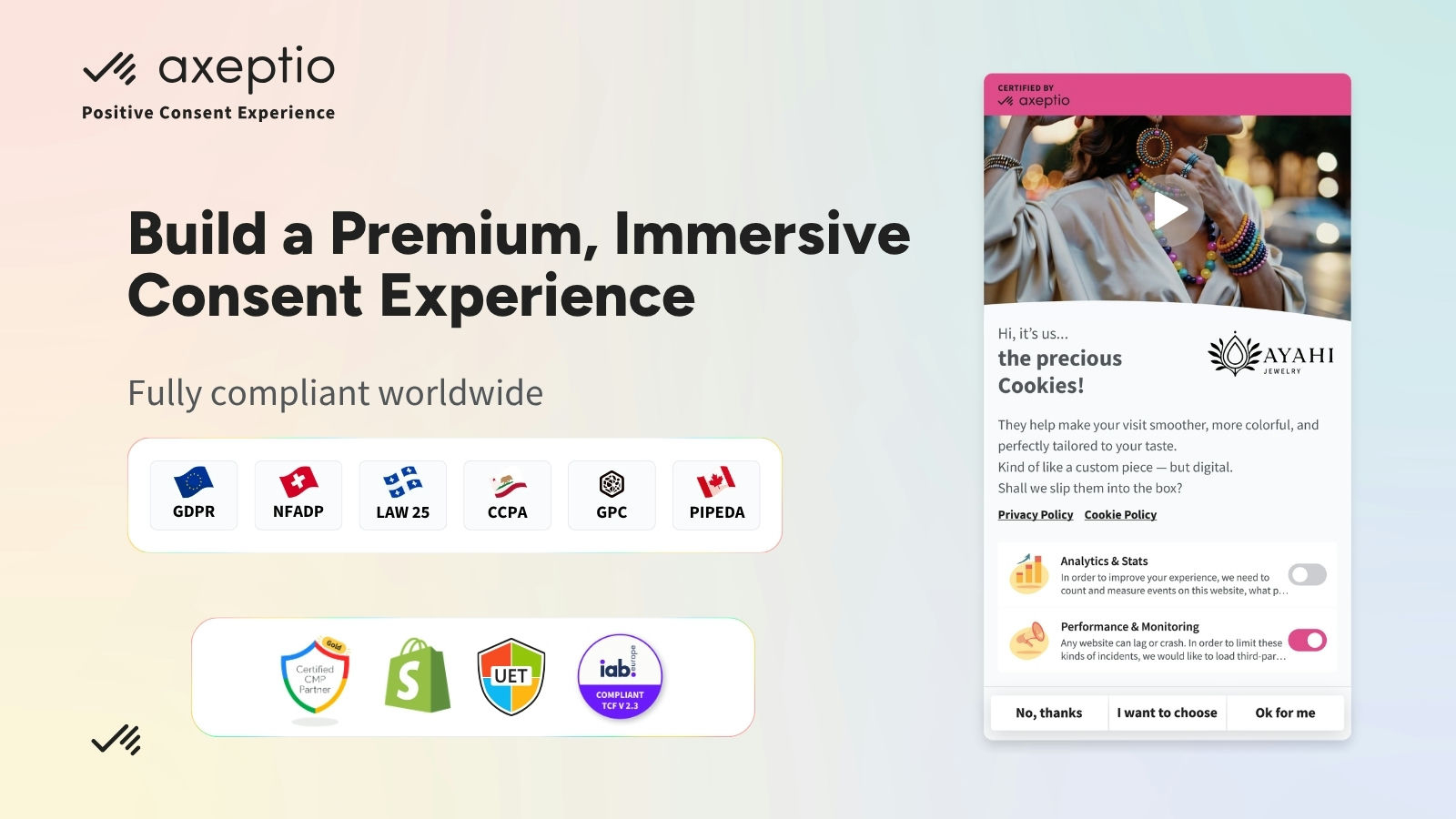 Axeptio premium consent experience showing GDPR, CCPA, GPC, PIPEDA and global privacy compliance.